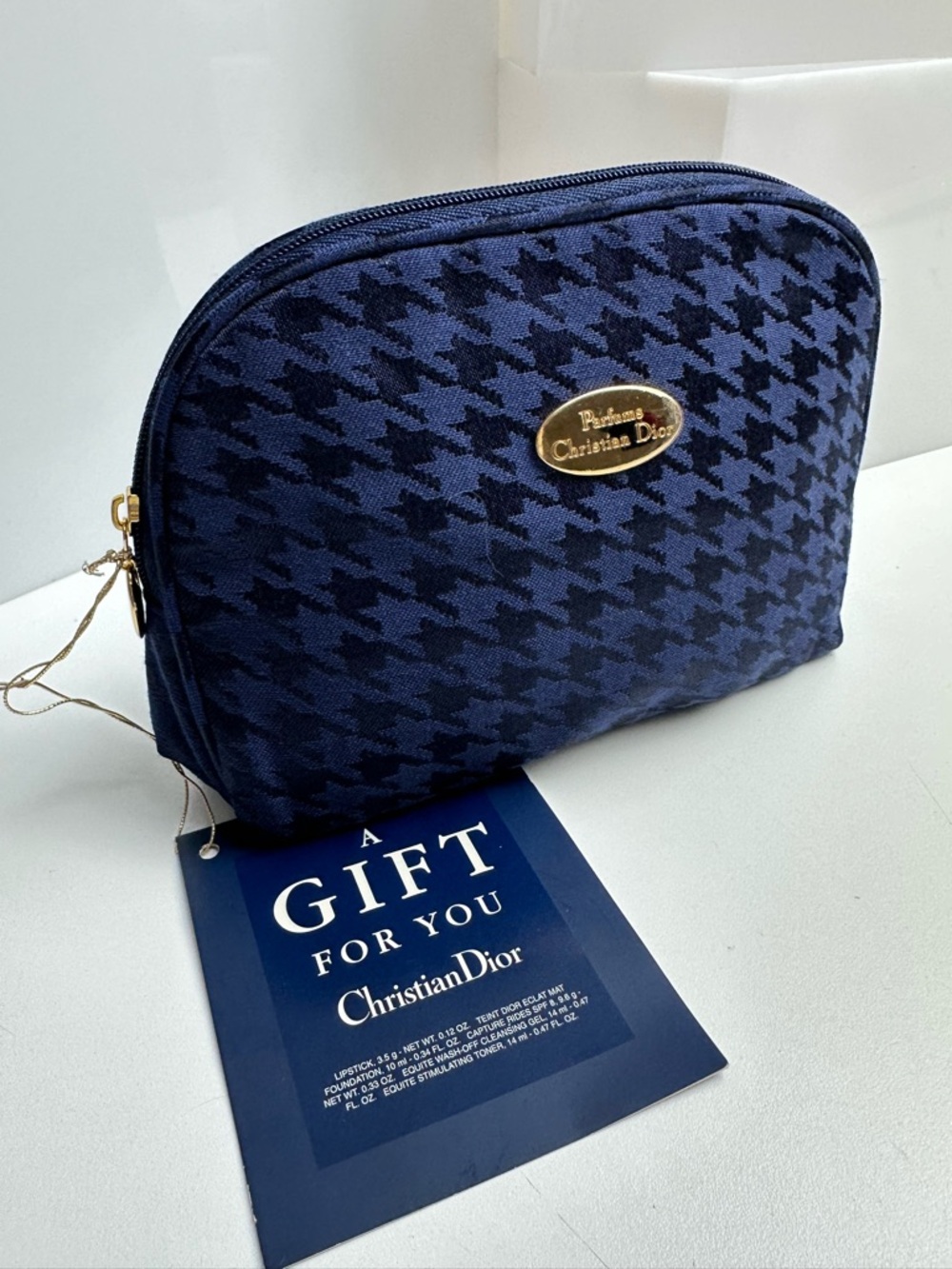 Christian Dior Parfums Vintage Small Blue Houndstooth Zippered Makeup Bag